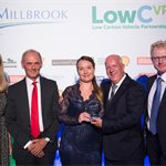 Scania GB - Low Carbon Heavy Duty Manufacturer of the Year. L-R MC Nicki Shields, Tim George - Freight in the City (sponsors), Tanya Neech & David Burke - Scania GB, Darran Messem - LowCVP Chair.