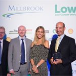 Low Carbon Fuel Initiative of the Year - Argent Energy. L-R Darran Messem - LowCVP Chair, Dickon Posnett - Argent Energy, Nicki Shields - Awards MC and Colin Ferguson - Routemonkey