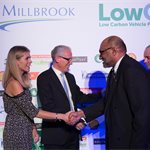 2016 Outstanding Achievement in Low Carbon Transport - H2 Aberdeen and Argent Energy. L-R Nicki Shields - MC, Alex Burns - Millbrook (sponsors), Yasa Ratnayeke - H2 Aberdeen and Andy Eastlake - LowCVP MD.