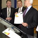 Graham Smith, Greg Archer and Alistair Darling with new car 'ecolabel'