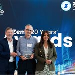 20th Anniversary Award recipient Mike Weston (c) with Zemo Chair Philip Sellwood and awards host Ginny Buckley