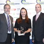 On behalf of Graham Smith (Toyota Motor Europe), Sophie Ogunbiyi accepts his Award as Outstanding Individual in Promoting Low Carbon Transport
