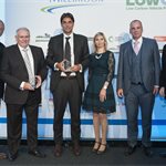 Low Carbon Heavy Duty Vehicle Manufacturer of the Year
Joint Winners: Optare and Scania GB
(L-R) Robert Llewellyn (MC), Alan Martin (Scania), Enrico Vassallo (Optare), Laura Hailstone (Freight in the City), Andy Eastlake (LowCVP), Darran Messem (Carbon Trust)