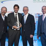 ‘Grand Prix Award’: Outstanding Achievement in Low Carbon Transport (Winner of winners)
Winner: Optare
(L-R) Robert Llewellyn (MC), Enrico Vassallo (Optare), Alex Burns (Millbrook), Andy Eastlake (LowCVP)